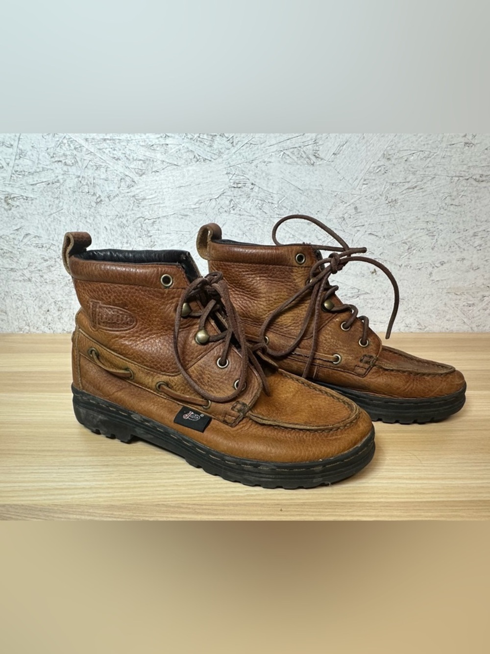 Vintage Justin Boots Brown Leather Moc Toe Lace-Up Boots